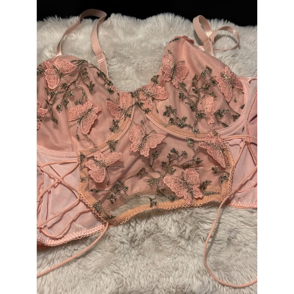 Pink Butterfly Embroidered Lace Up Bustier Top Underwire Mesh Corset Top Xs/sm